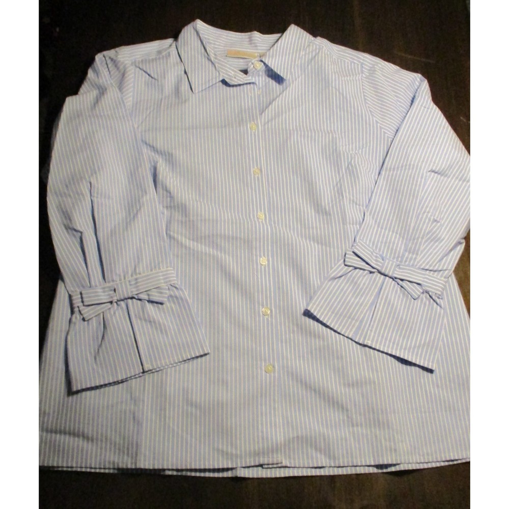 Belle by Kim Gravel Blue w/White Stripes Button Shirt Ruffle Sleeves SZ L NWOT